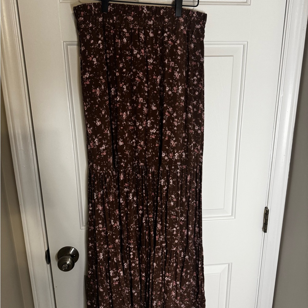 ARULA Brown Maxi Skirt with Pink Floral Print